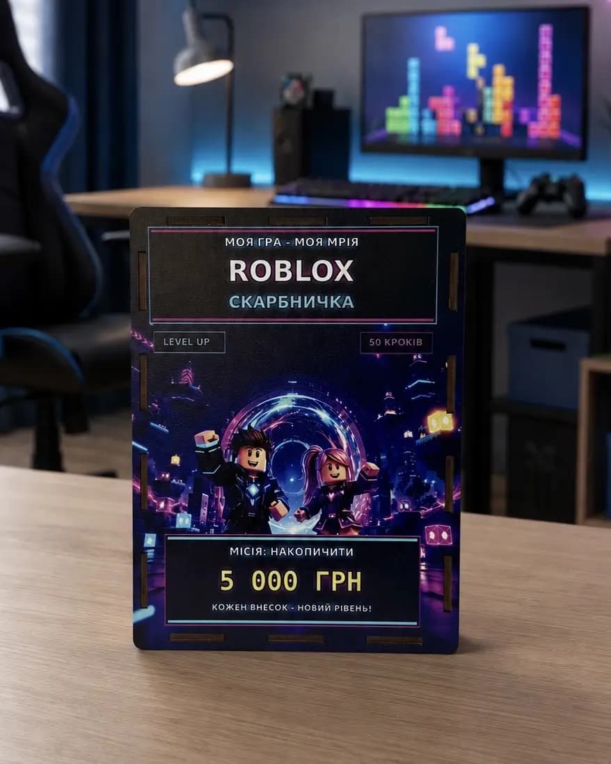 Скарбничка Roblox для дитини «Моя гра — моя мрія» на 5 000 грн з таблицею накопичення - зображення 1