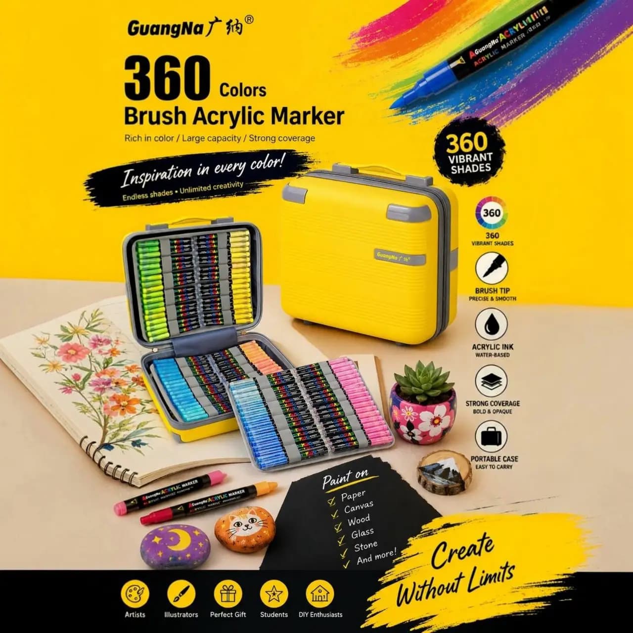 Маркери акрилові GuangNa GN.8101 Brush Marker набір 360 шт для художників та декору в стильній валізі - зображення 1
