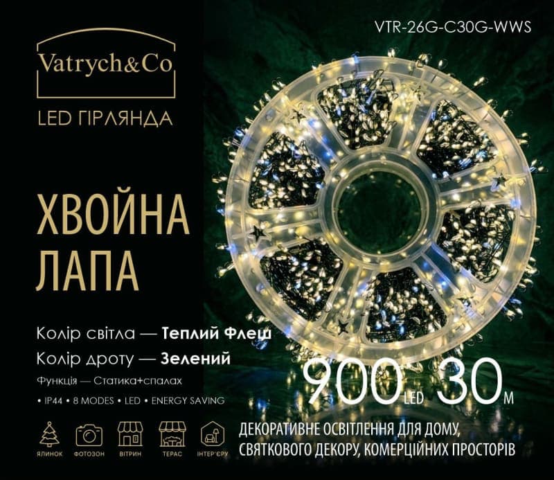 Хвойна Лапа — Флеш (зелений дріт) — 900 LED, 30 м - зображення 1